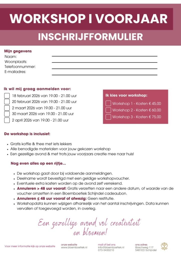 Workshop Voorjaar 2026 - inschrijfformulier Bloemboetiek Schijndel