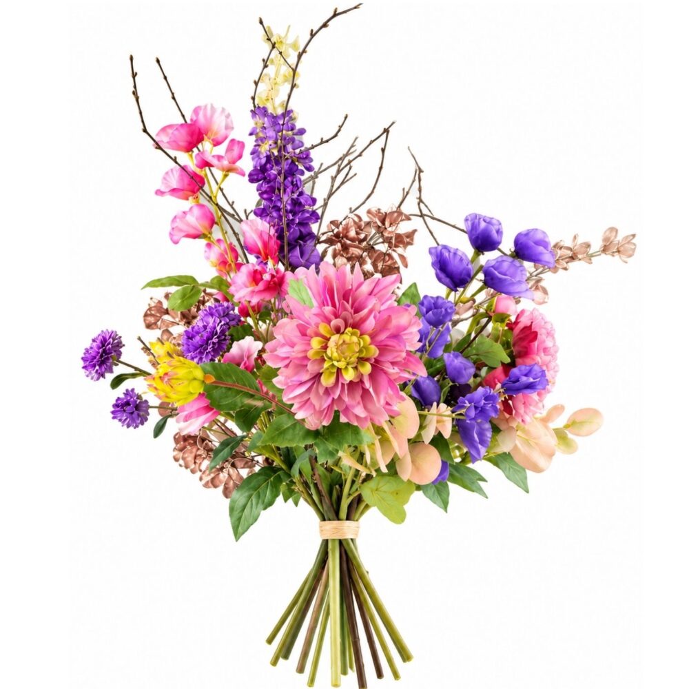 Zijden boeket Blush & Bloom met roze en paarse kunstbloemen zonder vaas