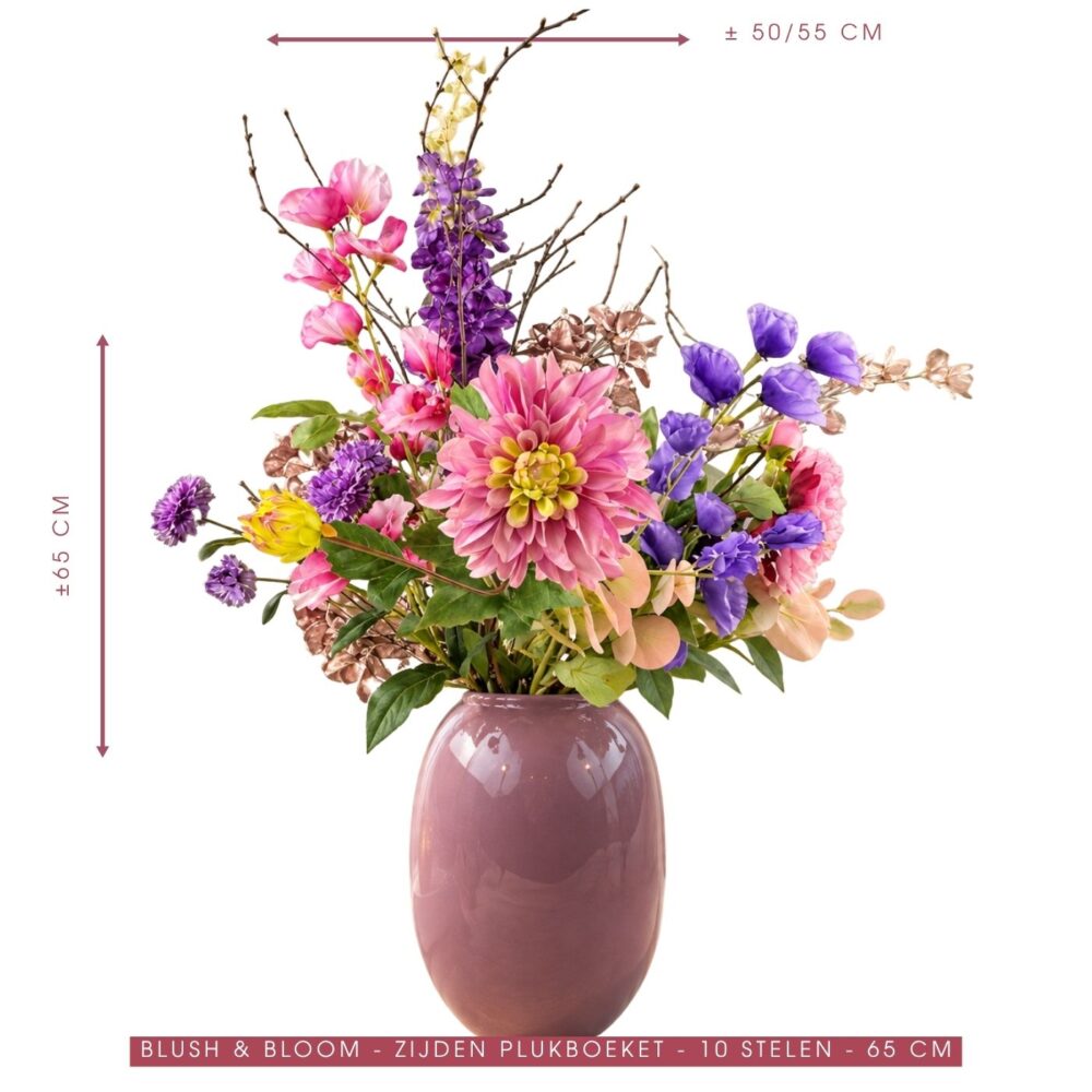 Zijden bloemen boeket Blush & Bloom in paarse vaas met details