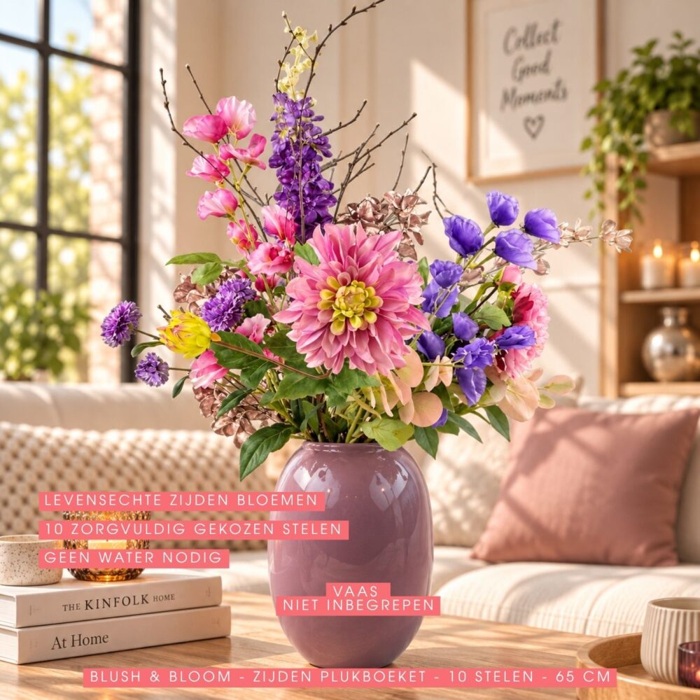 Zijden bloemen boeket Blush & Bloom in paarse vaas