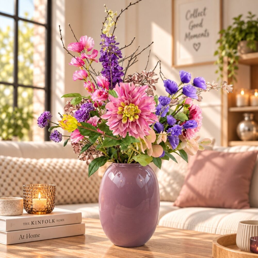 Zijden bloemen boeket Blush & Bloom in paarse vaas