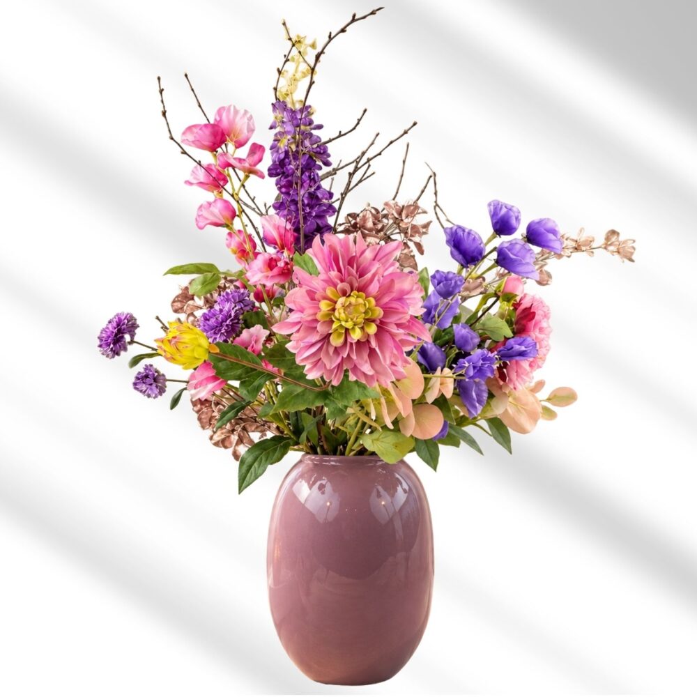 Zijden bloemen boeket Blush & Bloom in roze en paarse tinten