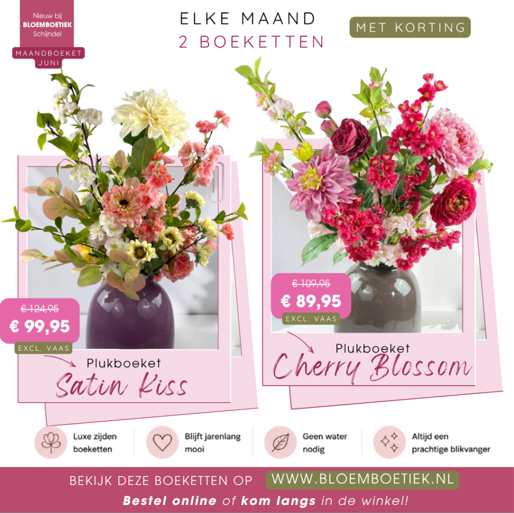 Maandboeket Juni | Korting | Zijden plukboeket Cherry Blossom | Zijden plukboeket Satin Kiss | Prachtige betaalbare zijden bloemen | Prachtige betaalbare kunstbloemen