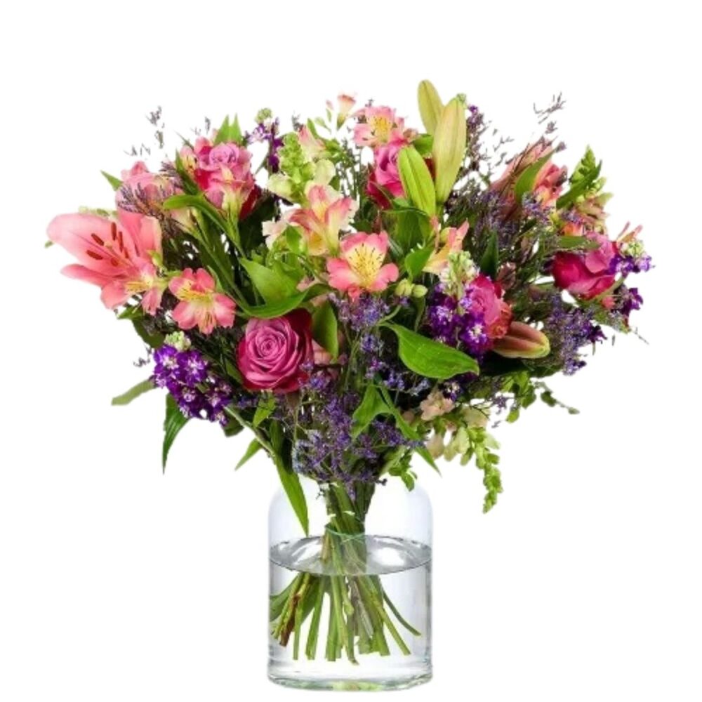 Roze boeket Lovely Pink met rozen, lelies en paarse bloemen