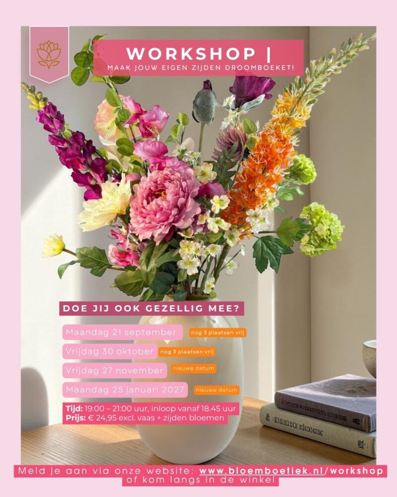 Flyer workshop zijden bloemen bij Bloemboetiek Schijndel