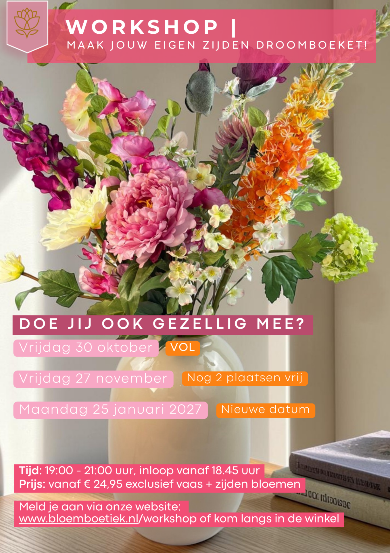 Flyer workshop zijden bloemen bij Bloemboetiek Schijndel